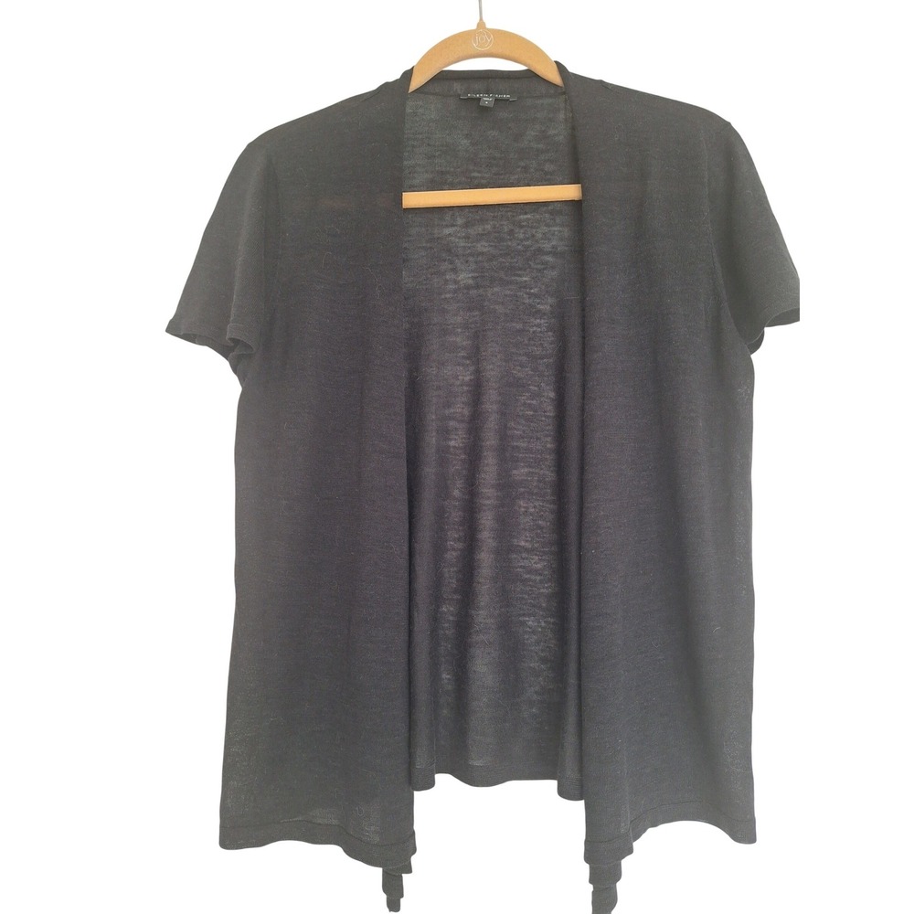 Eileen Fisher Cardigan Women's Black Silk Linen Blend Open Front size S